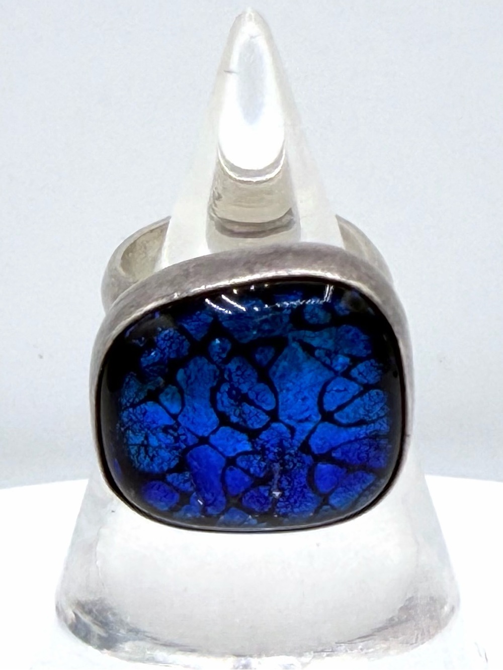 Mexico Modernist Sterling Silver Dichroic Glass Cobalt Electric Blue Ring